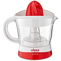 Ufesa EX4936 Presse-agrumes électrique avec 2 cônes de tailles différentes, rotation dans les deux sens, amovible et lavable au lave-vaisselle, 25W/0,7 litres, Blanc/Rouge